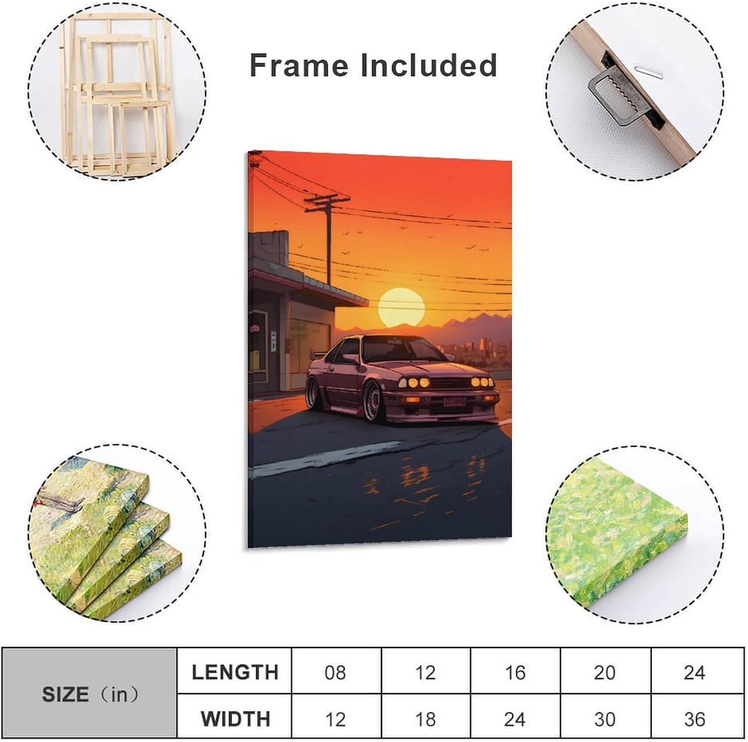 Arte de pared Puesta de sol y JDM – Póster japonés de coche deportivo para decoración de interiores, pintura de pared, póster de arte de pared,