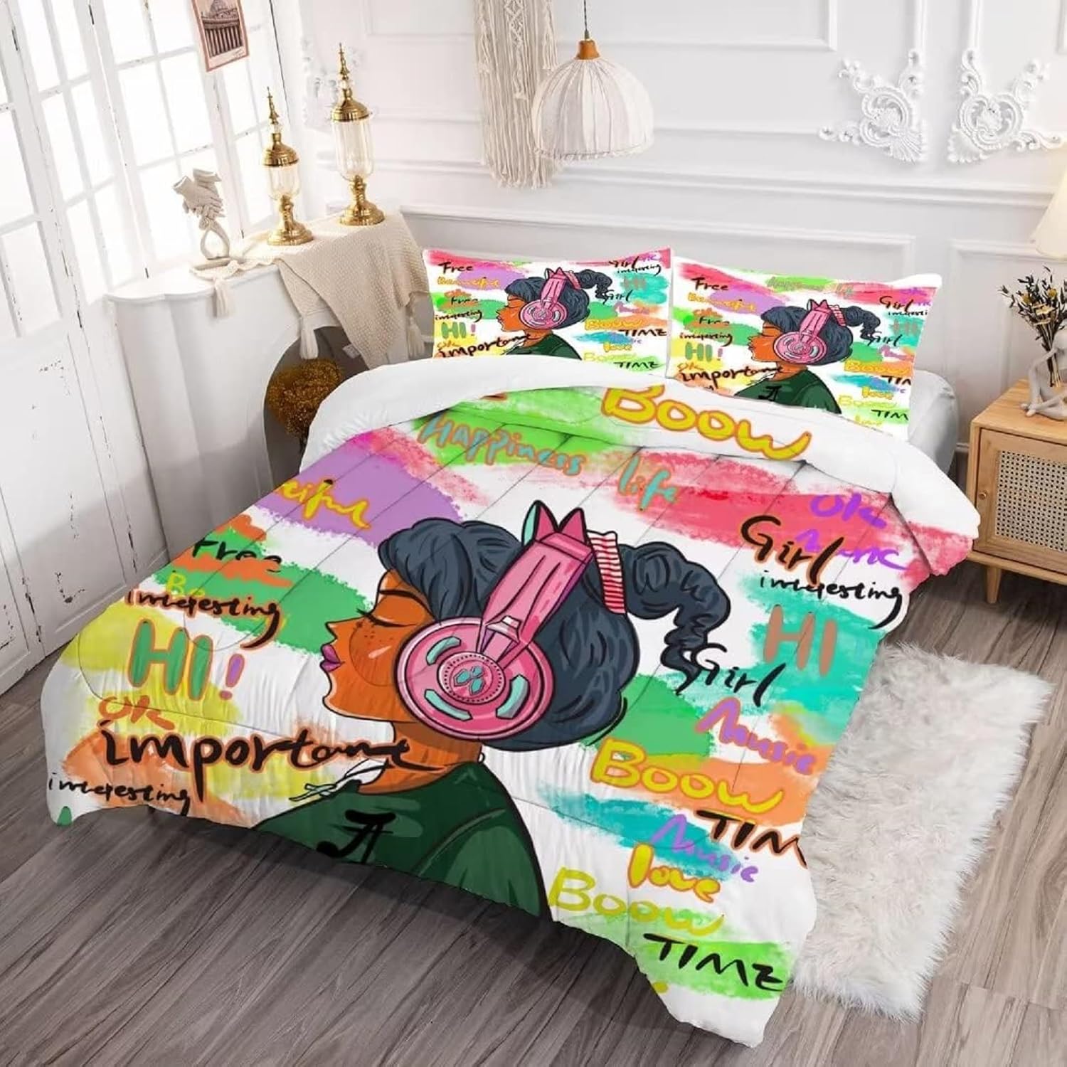 VTKON Black Girl Magic – Juego de edredón de tamaño King con palabras coloridas para mujeres, afroamericanas, 1 edredón + 2 fundas de almohada