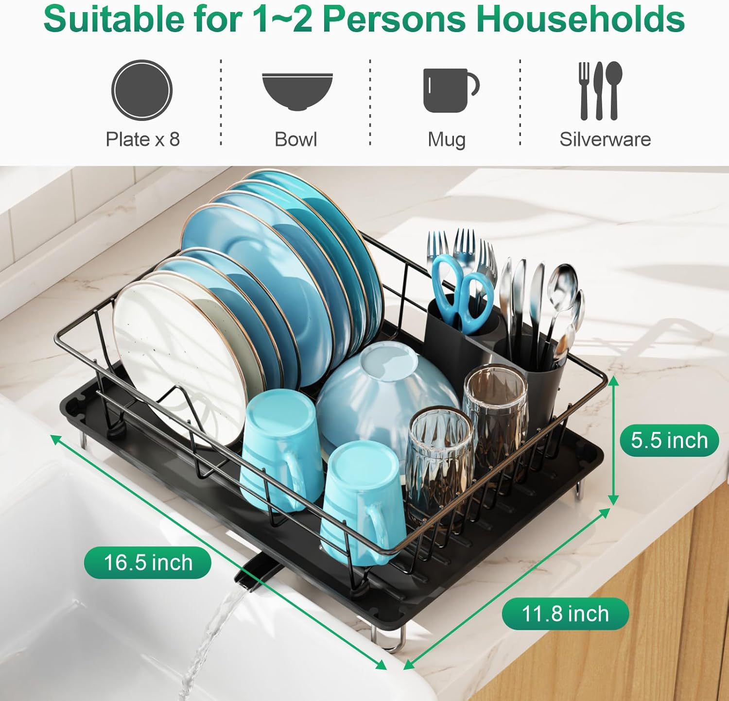 GSlife Escurridor de platos con escurridor, escurridor de platos para encimera de cocina, escurridor compacto resistente al óxido con soporte para