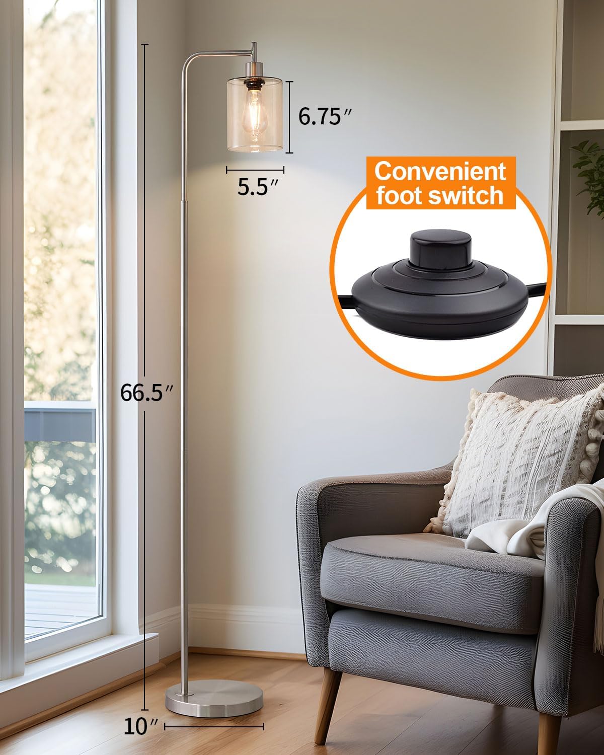 Oneach Lámparas de pie de 66.5 pulgadas para sala de estar con pantalla de cristal, lámpara de pie industrial para dormitorio, lámpara de pie
