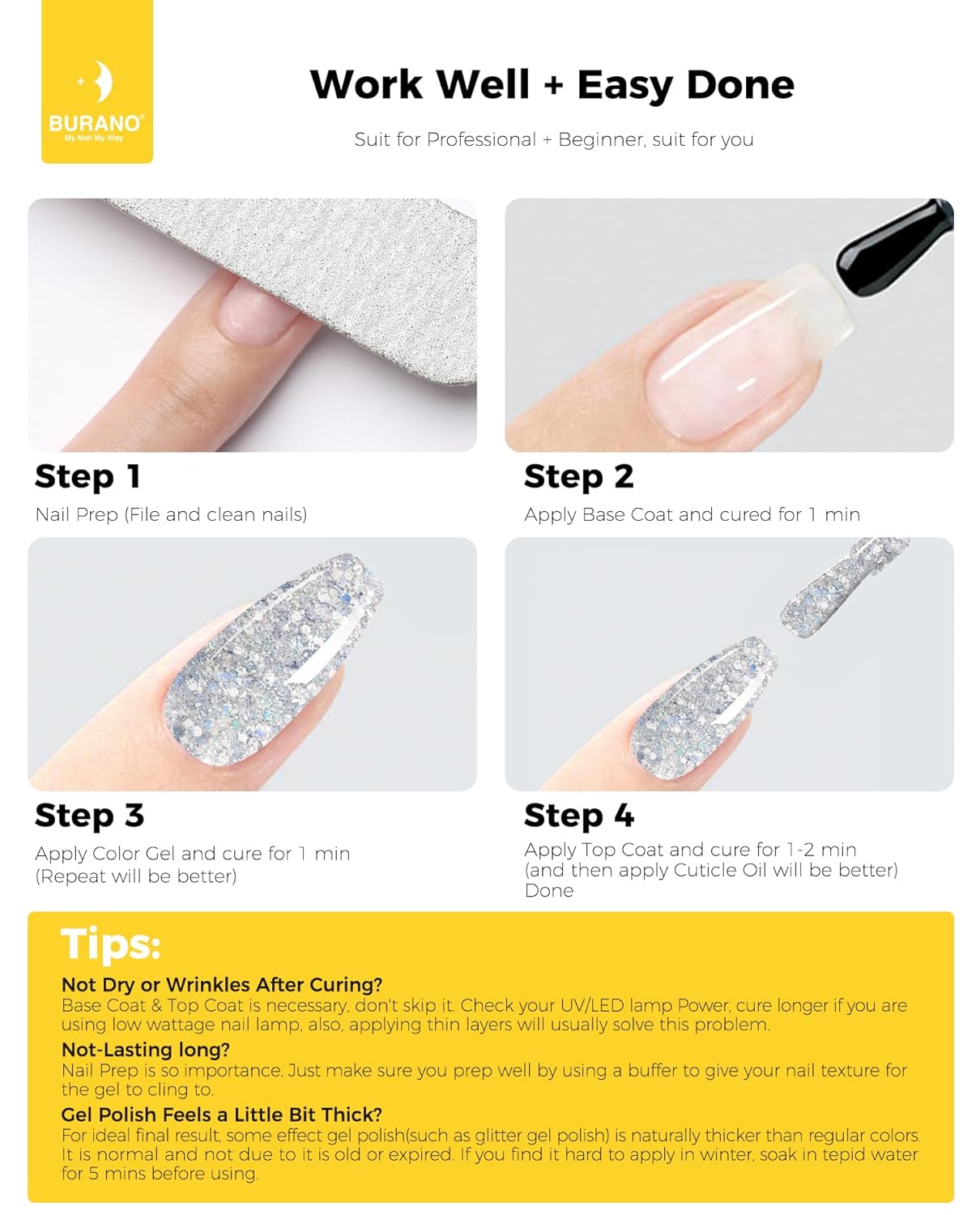 BURANO Esmalte de uñas de gel con purpurina, gel de uñas LED UV efecto holográfico brillante, requiere secado de gel, no se astilla, gel brillante,
