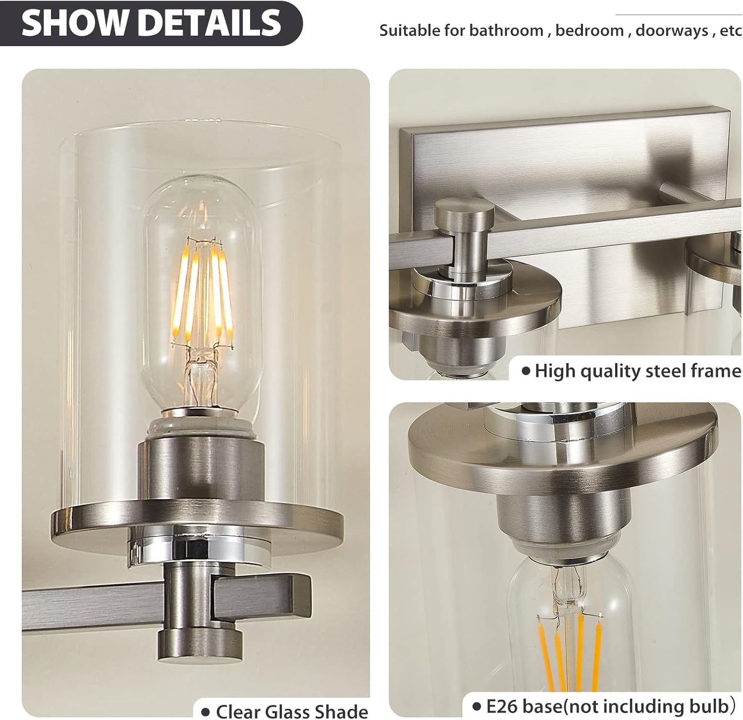 Lámpara de tocador de baño de 4 luces, luces de tocador de níquel sobre el espejo, enchufe de acento de cobre de níquel cepillado, lámparas de baño
