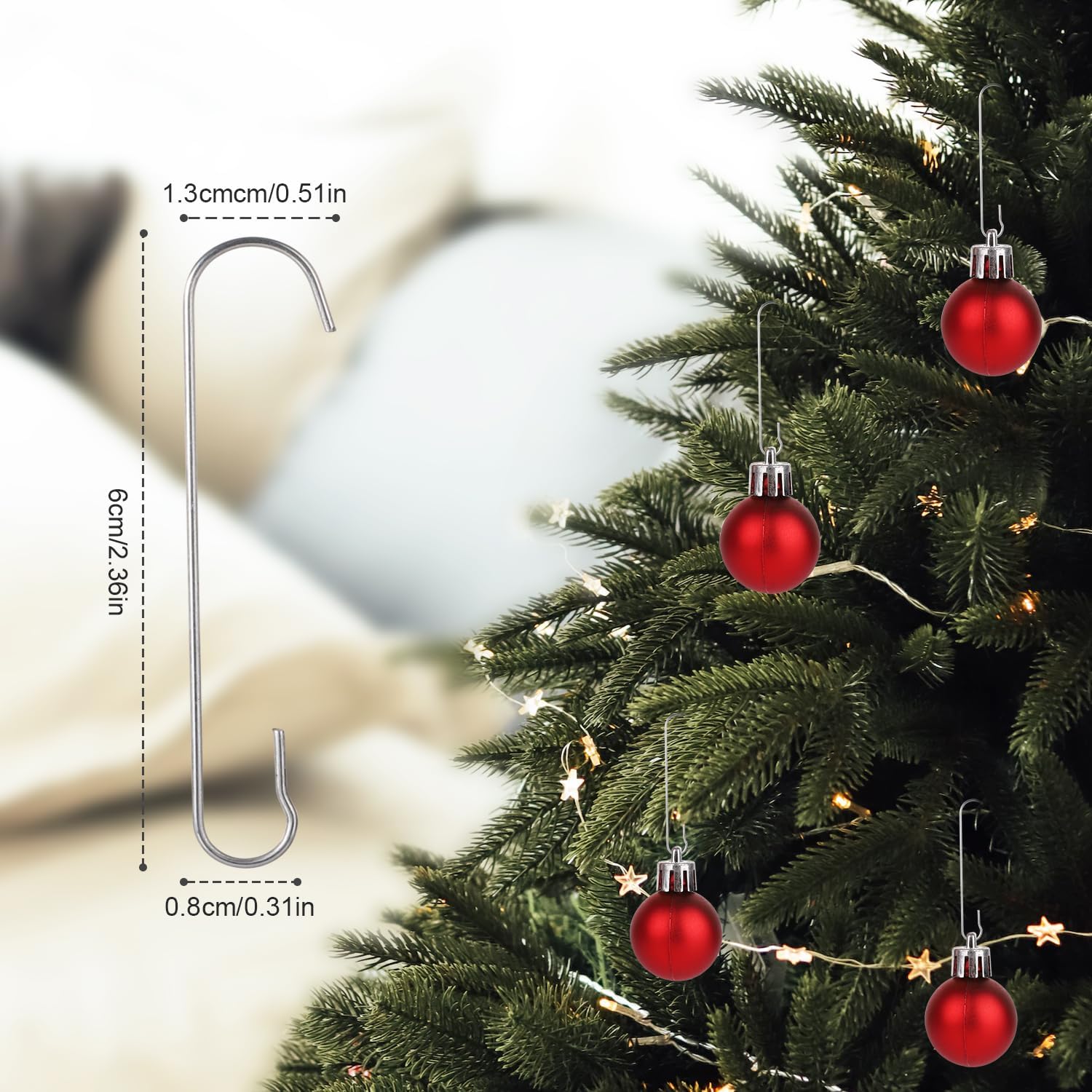 200 ganchos para adornos de Navidad, 2.4 x 0.5 pulgadas, ganchos para adornos de árbol de Navidad en forma de C con caja de almacenamiento, ganchos