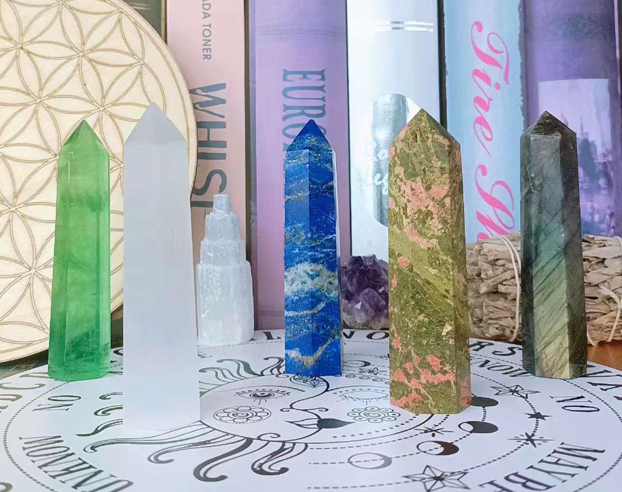 LAIDANLA Unakite – Varitas de cristales curativos de 3.5 a 4 pulgadas, varita de energía natural de Reiki, piedra de obelisco de punta hexagonal,