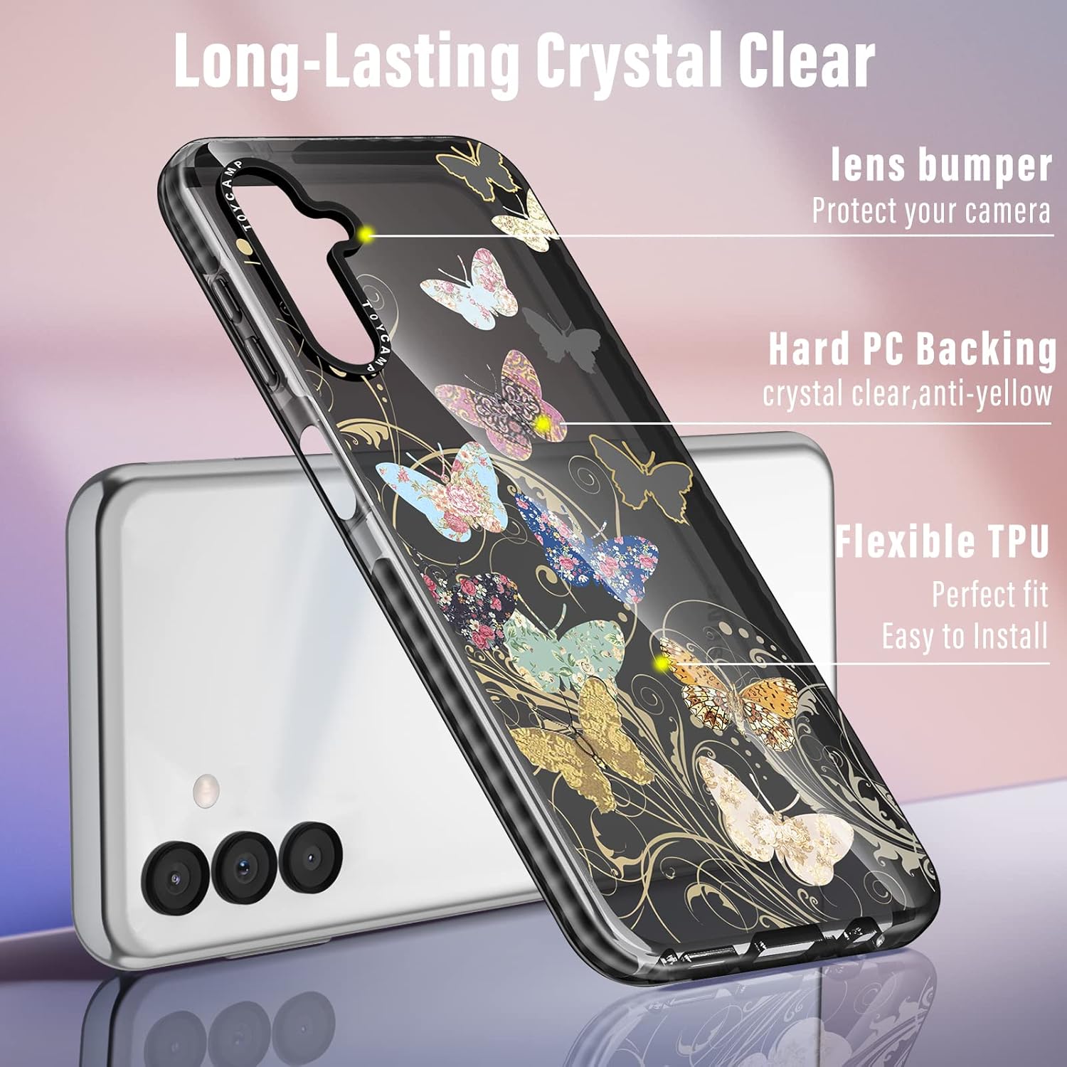 Toycamp Funda para Samsung Galaxy A14 5G con soporte de anillo, bonito y divertido diseño de mariposas Coloful para mujeres, niñas, niños y