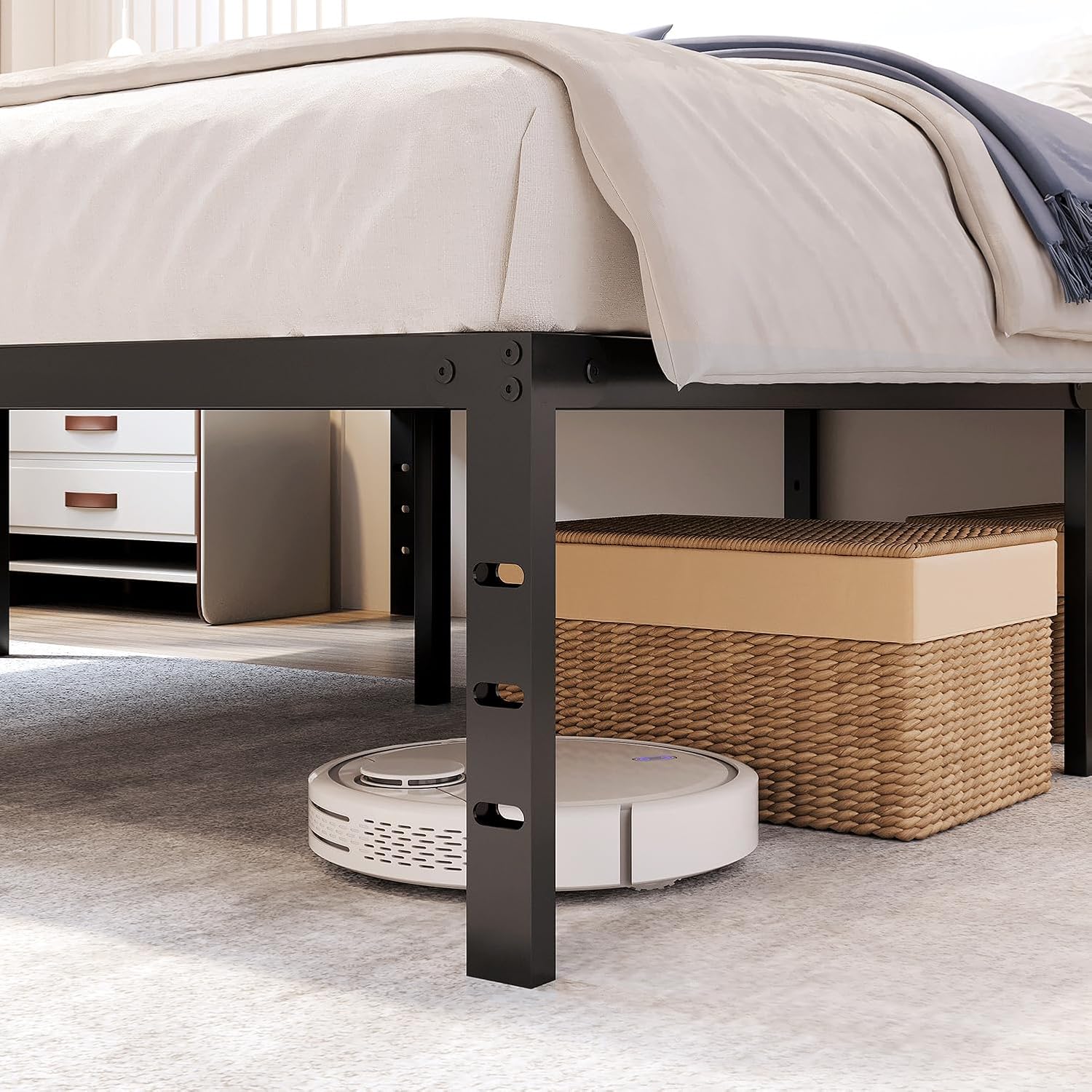 zizin Base de cama de tamaño matrimonial de 18 pulgadas, plataforma resistente, no necesita somier, base de colchón con listones de acero, fácil