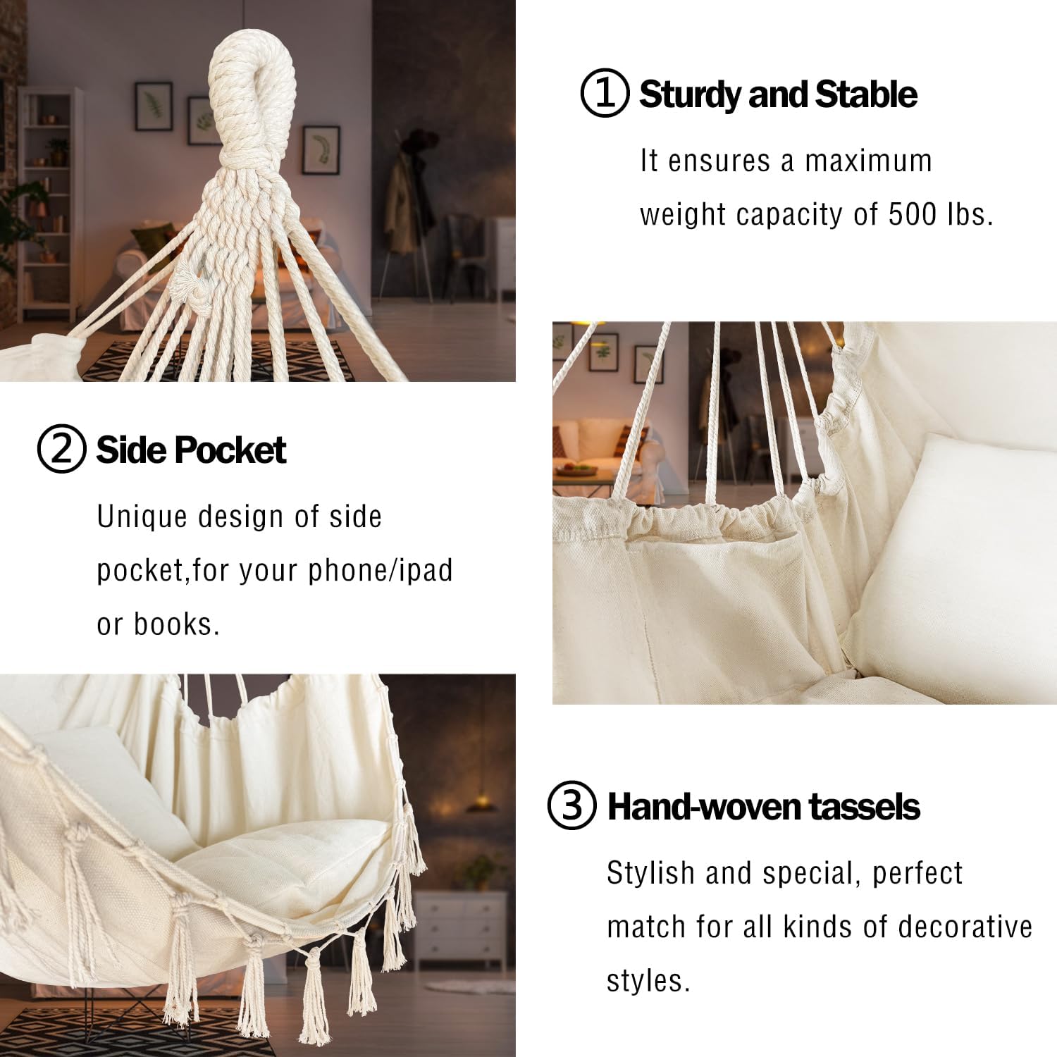 Silla hamaca colgante de cuerda con 2 cojines y kits de herramientas, resistente y duradero, suave algodón tejido a mano, silla colgante de macramé