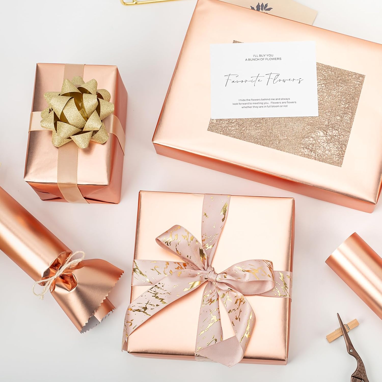 Flyhill Papel de regalo de oro rosa mate, mini rollo de 17 pulgadas x 32.8 pies (46.8 pies cuadrados), papel mate de color sólido para Navidad,