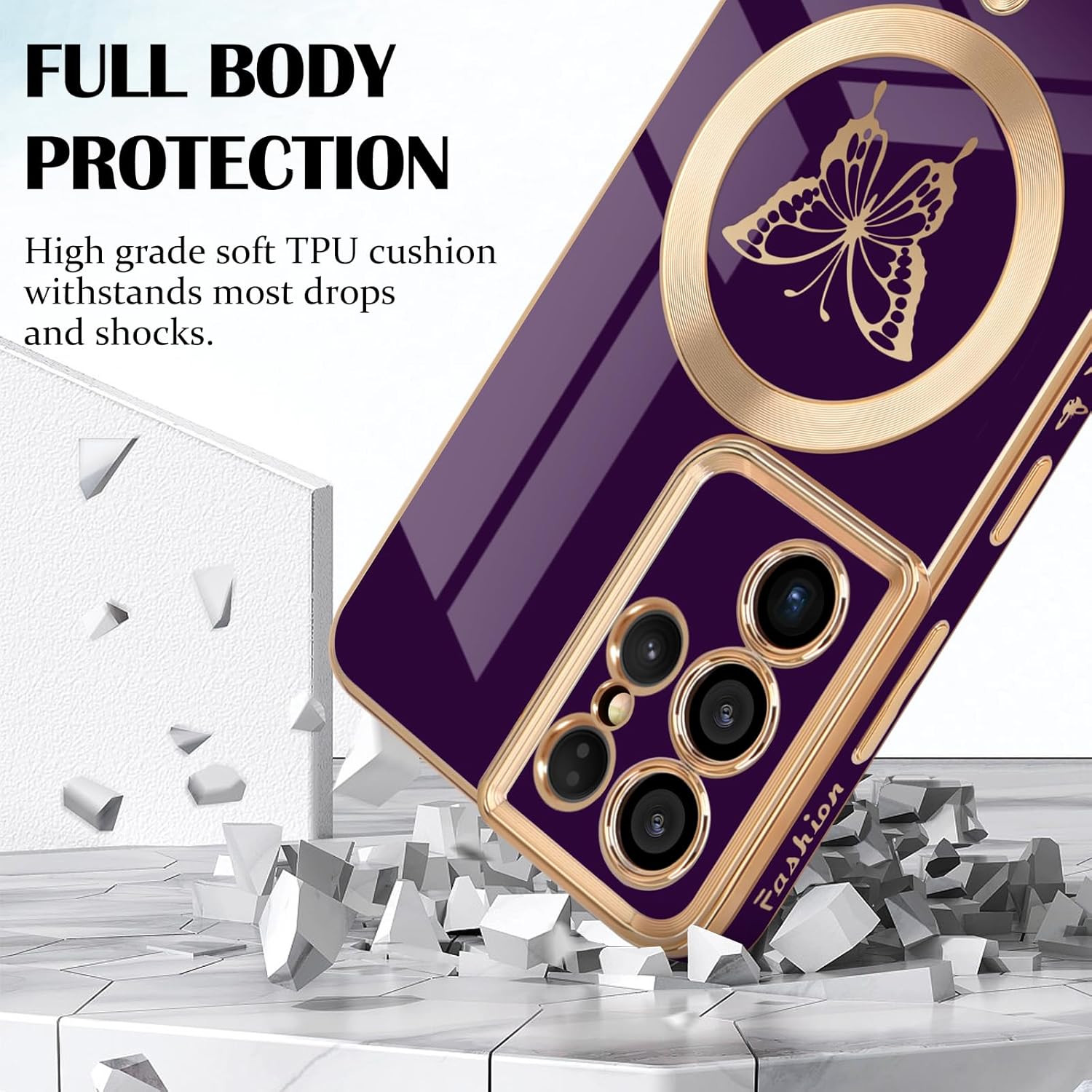 Funda magnética para Samsung Galaxy S21 Ultra 5G, bonita funda con borde chapado en mariposa con MagSafe para mujeres, niñas y hombres, funda