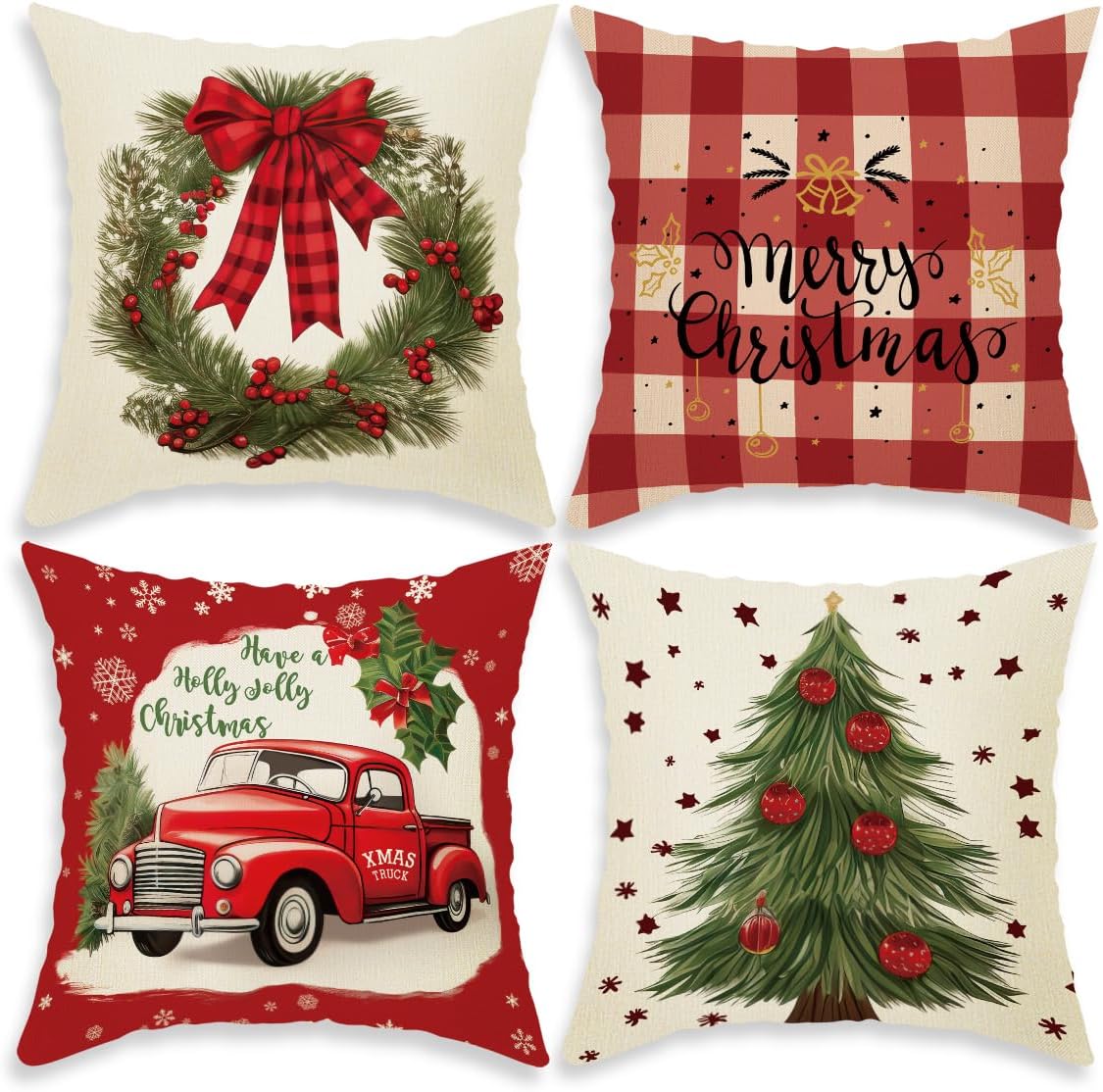 Juego de 4 fundas de almohada de Navidad de 18 x 18 pulgadas, decoración navideña de cuadros rojos, fundas de almohada de Navidad para Navidad,