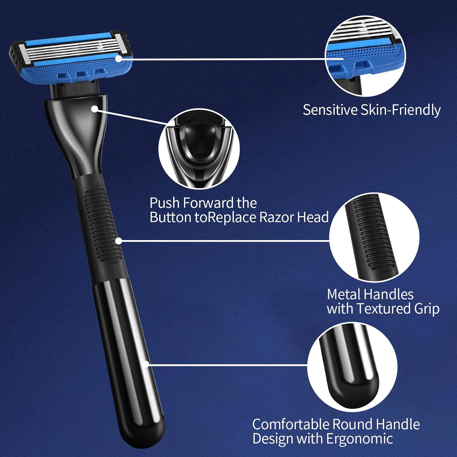Maquinilla de afeitar de 5 hojas para hombres con doble lubricación, afeitado cómodo y suave para hombres (5REFILLS-A)