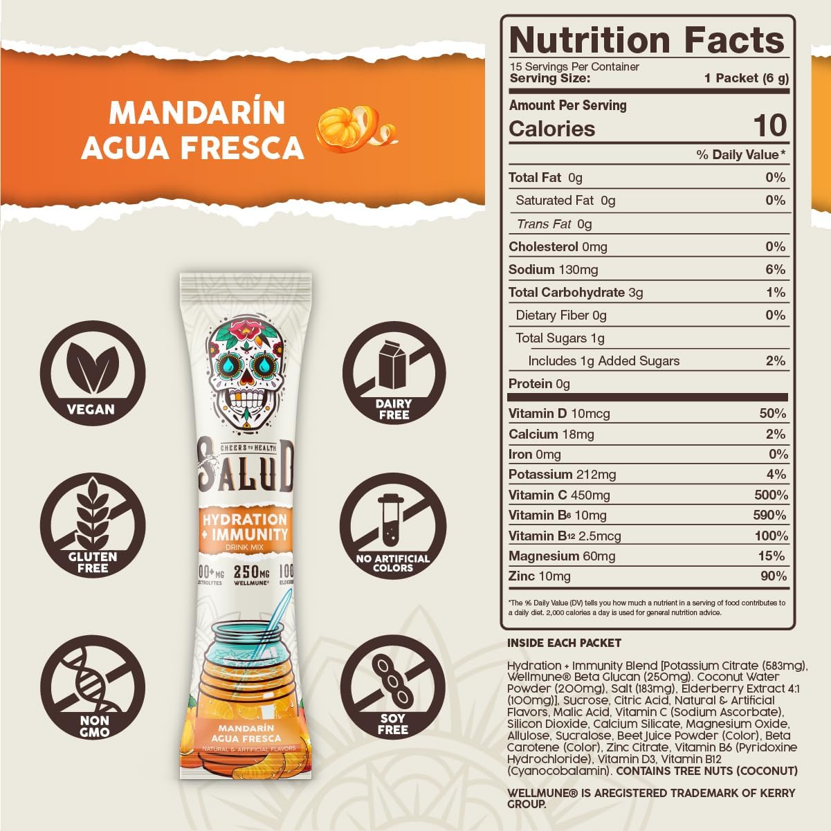Salud – Polvo de electrolitos de hidratación e inmunidad  Mandarina  15 porciones  Mezcla de bebida Fresa Agua Fresca, saúco, sin lácteos y soja,