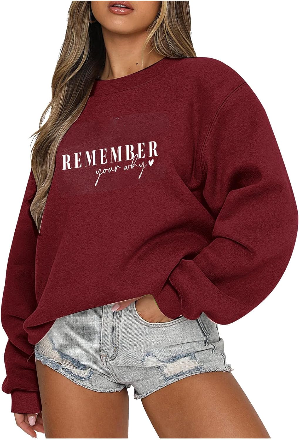 Remember Your Why – Sudadera para mujer, casual, de manga larga, de gran tamaño, cuello redondo, clásica, lisa, cómoda