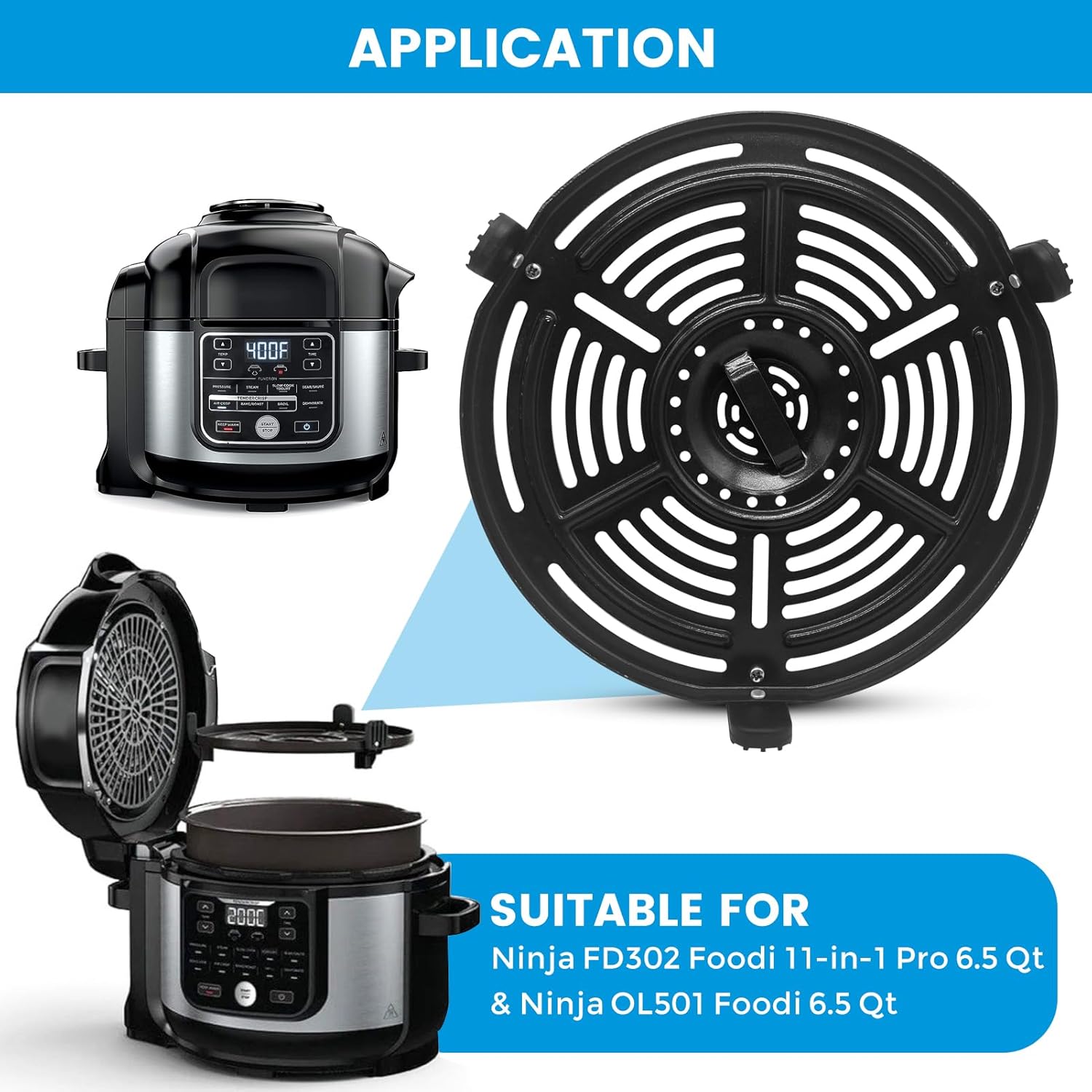Sartén para freidora de aire Ninja FD302 OL501 6.5 cuartos de galón de presión y freidora de aire, bandeja redonda de 9.7 pulgadas, accesorios para