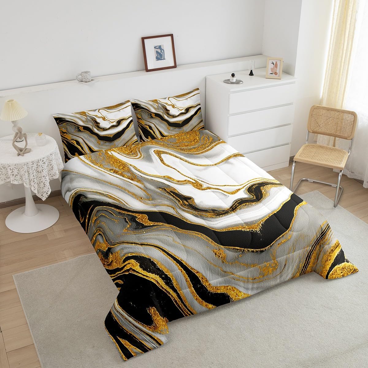 Erosebridal Juego de edredón abstracto tamaño Queen, juego de ropa de cama de acuarela negro y gris, juego de cama de mármol mármol con estampado