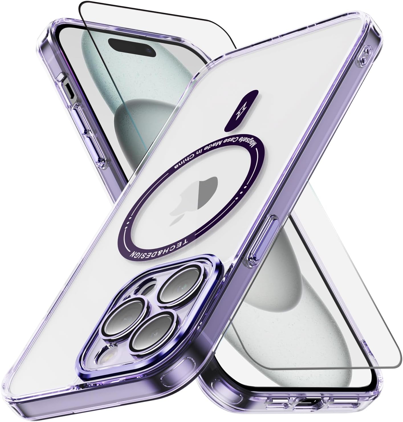 Funda para iPhone 15 Pro con protector de pantalla compatible con MagSafe Diseño transparente magnético Anti amarillamiento Antideslizante Bonita