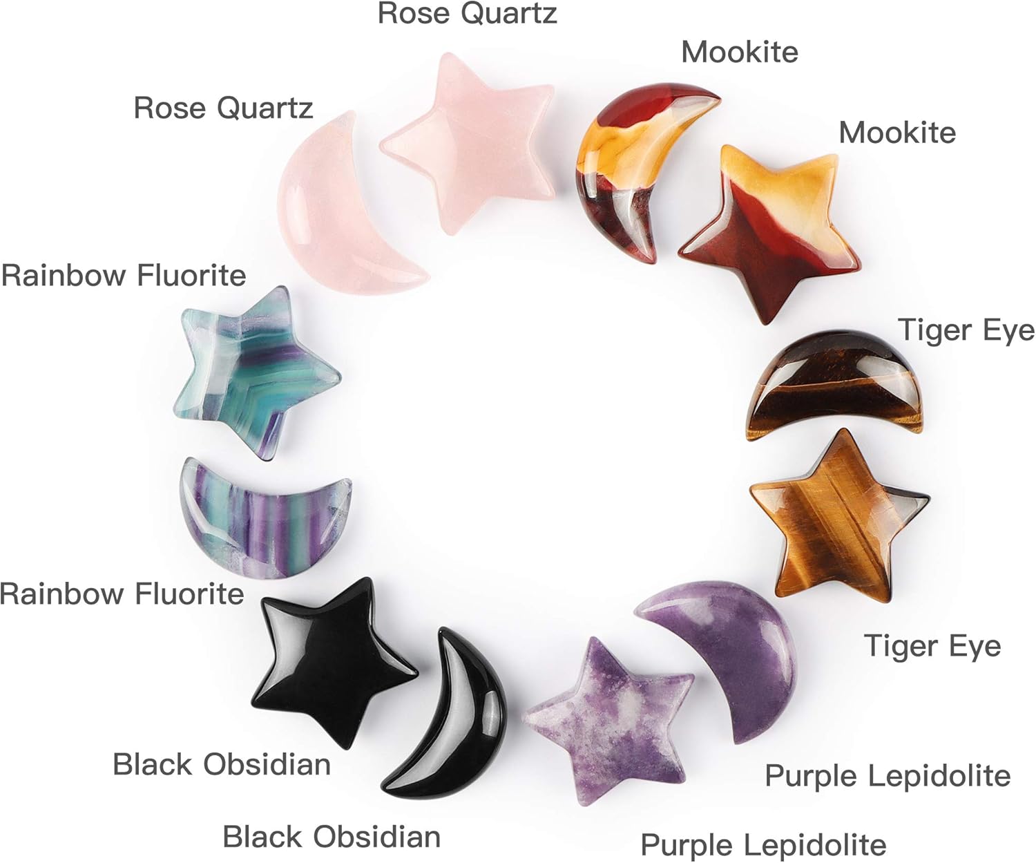 Artistone Cristal de lepidolita morada, estrella, luna, piedras preciosas en forma de chakra, cristales curativos, estrellas, lunas, piedras para
