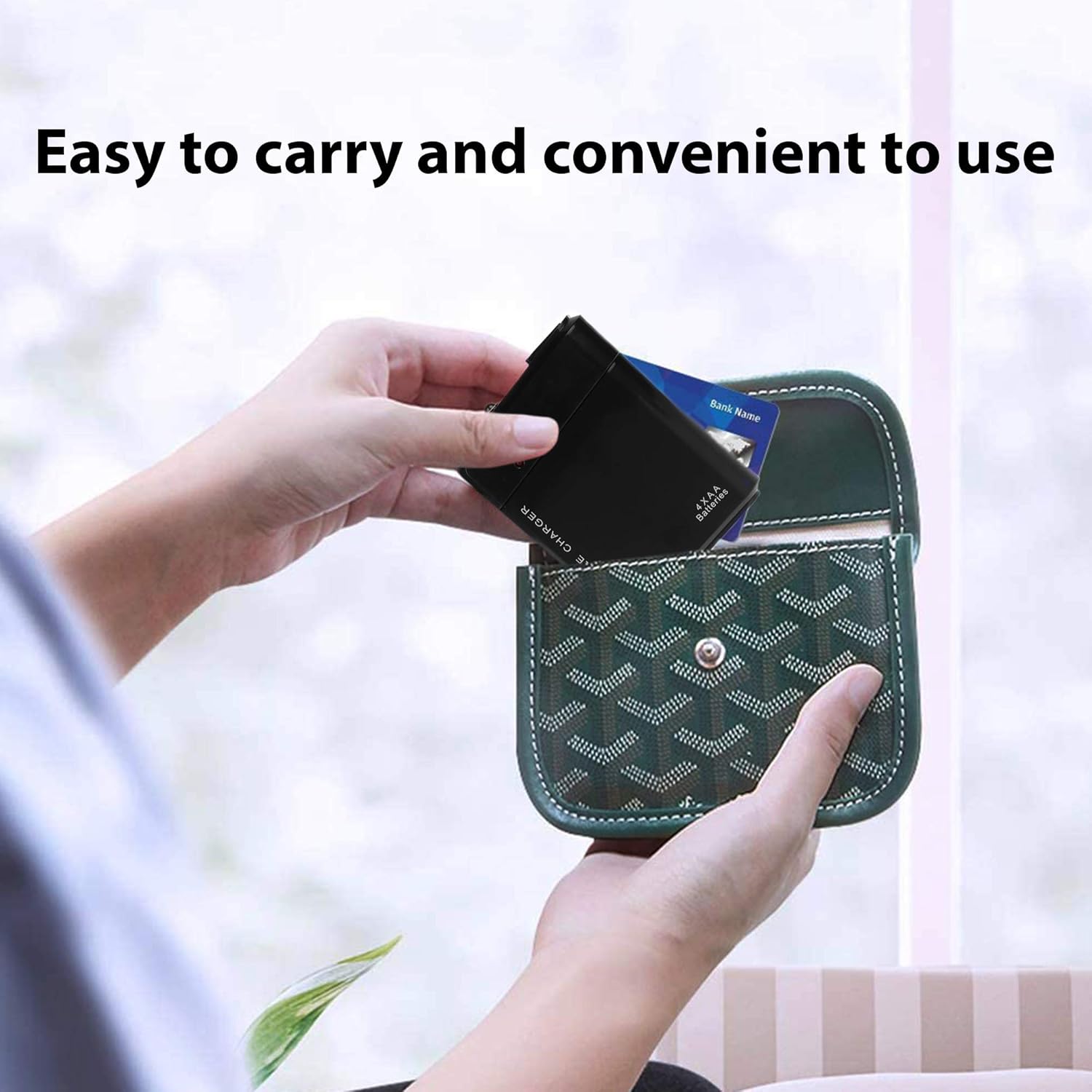 El cargador de viaje de batería AA portátil funciona para Samsung SM-A320F y recargador de emergencia con luz LED. Toma 4 pilas AA, USB-C) Negro