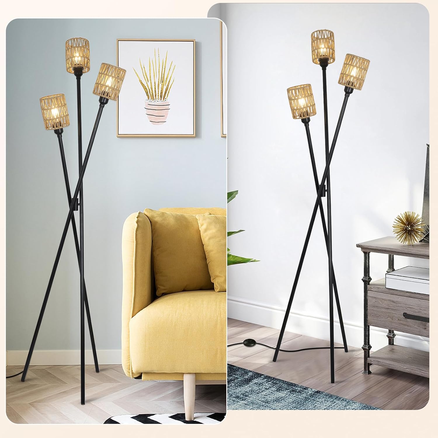 Lámpara de pie de trípode de ratán, lámparas de pie estilo bohemio para sala de estar con interruptor de pie de encendidoapagado, lámpara de pie