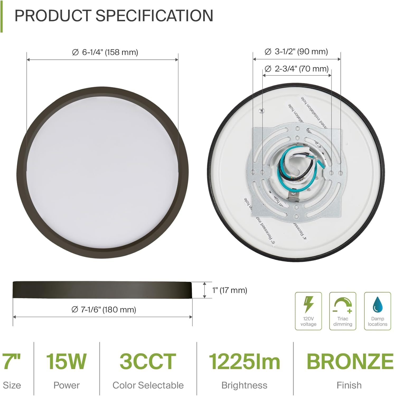 ASD Paquete de 6 luces LED de techo empotradas de 7 pulgadas, color bronce, ultra fina, regulable, 15 W, 1225 lm, luces planas ajustables de 3000