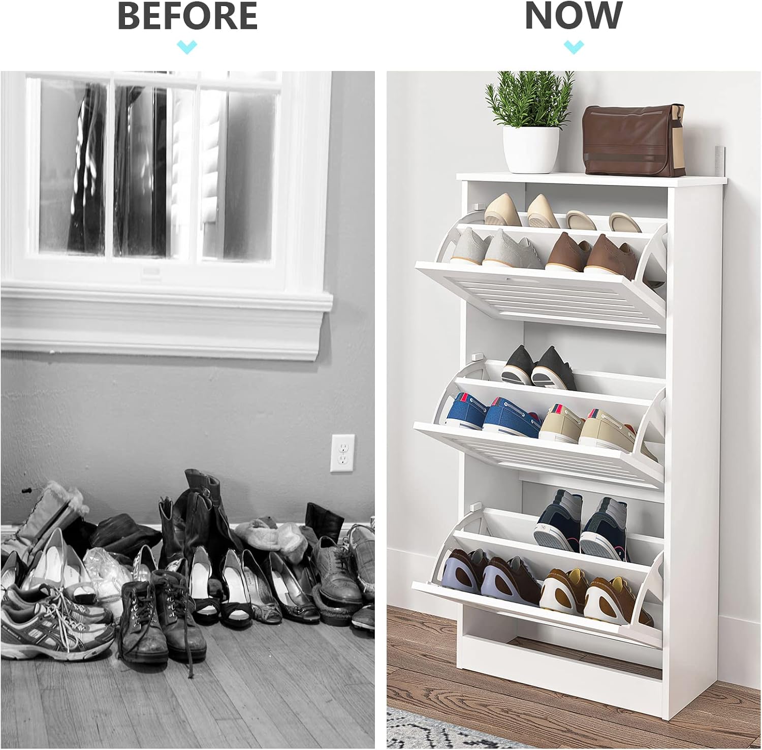 Hommoo Armario de almacenamiento de zapatos blanco con puerta de 3 listones abatibles, armario estrecho para zapatos con estante ajustable, gabinete