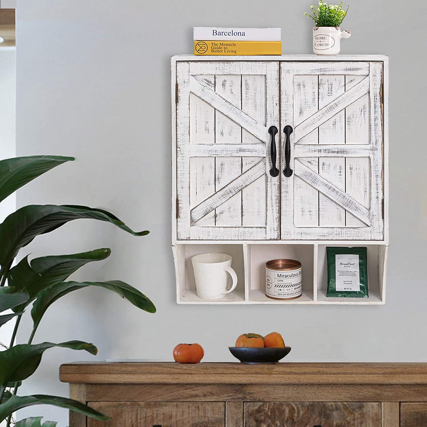 FLORA Armario de almacenamiento montado en la pared, botiquín con puertas, armario de pared de baño vintage de madera sobre inodoro para baño,