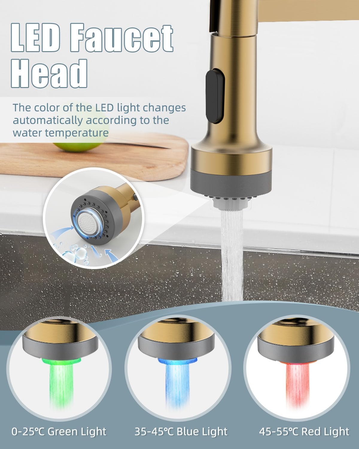 Grifo de cocina LED con dispensador de jabón, grifo de cocina dorado, grifo para fregadero de cocina, grifo de acero inoxidable de una sola manija