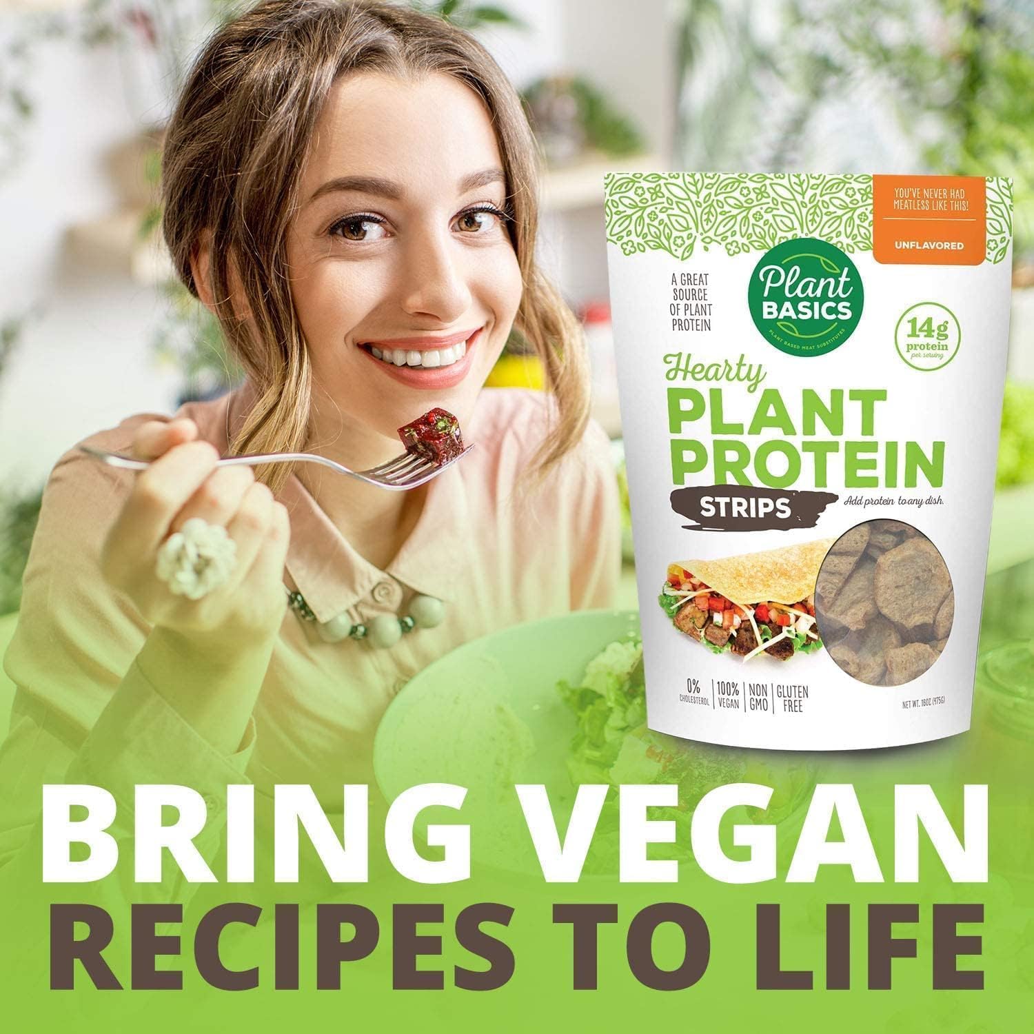 Plant Basics – Proteína vegetal abundante, tiras sin sabor, 1 libra (paquete de 2), sin OMG, sin gluten, baja en grasa, baja en sodio, vegano,