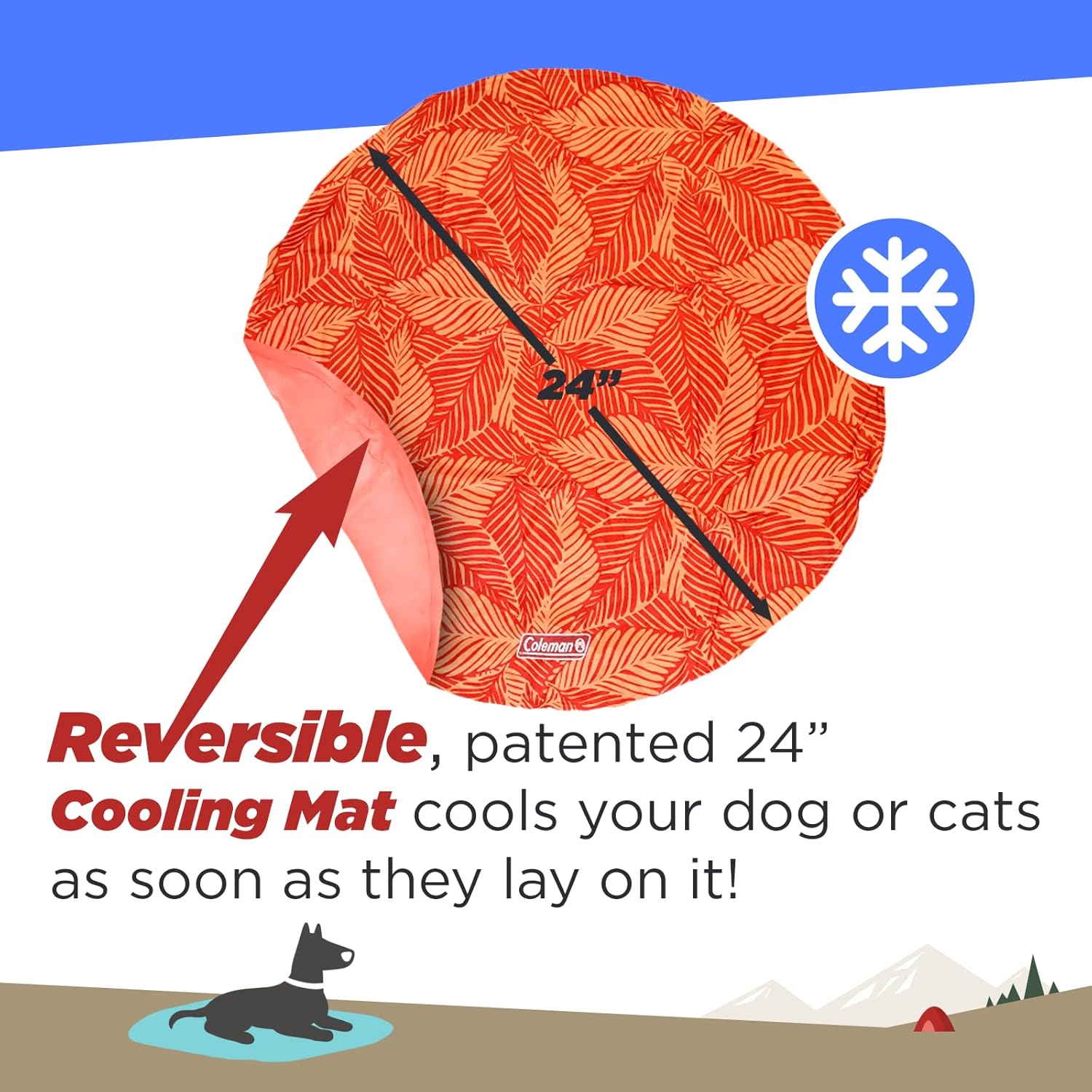 Coleman Tapete redondo reversible para mascotas, mediano, 24 pulgadas, rojo y coral