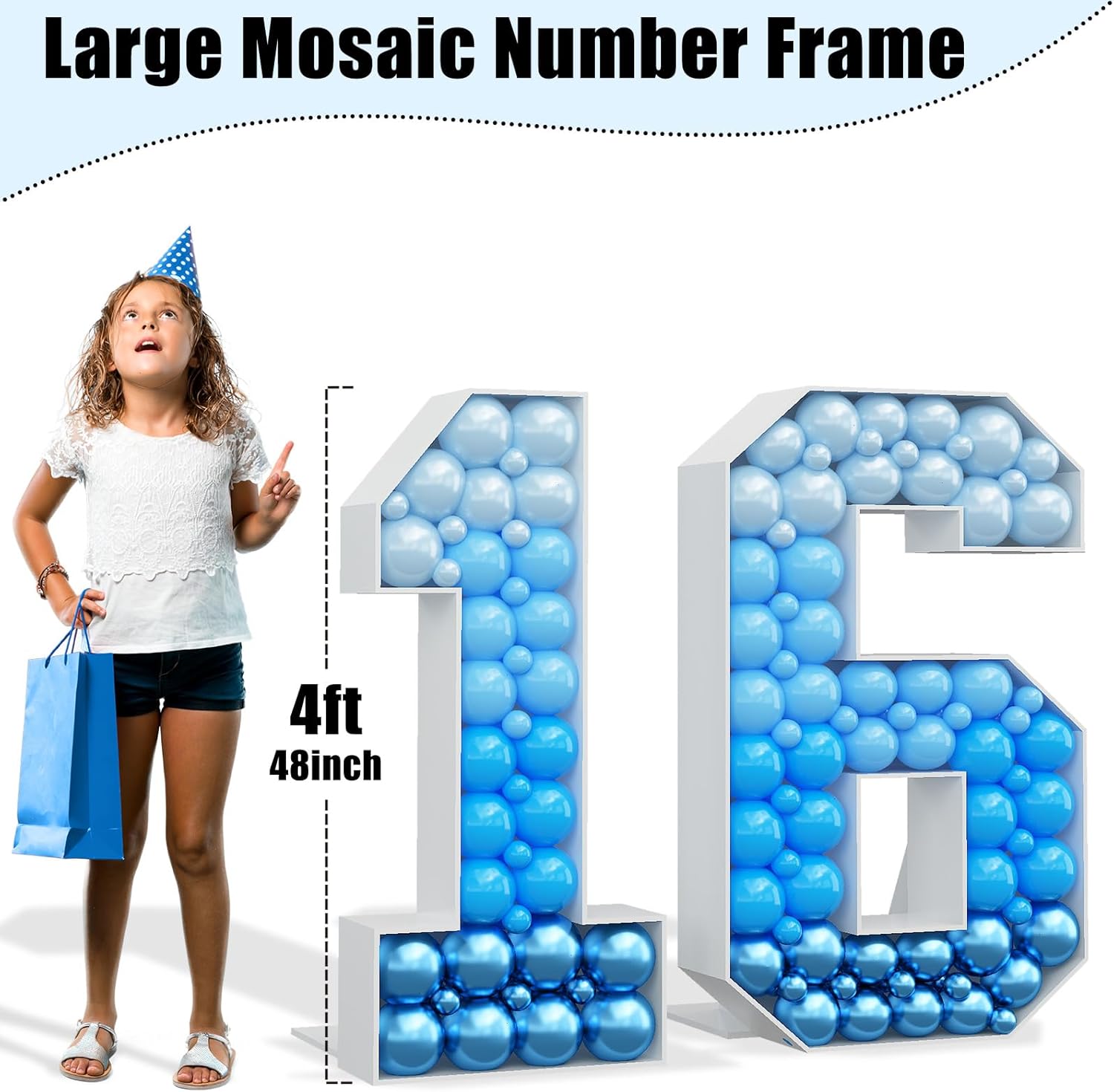 Números de mosaico para globos del número 16, marco de globos de 4 pies, números de marquesina grandes, kit de números de cartón grandes, kit de