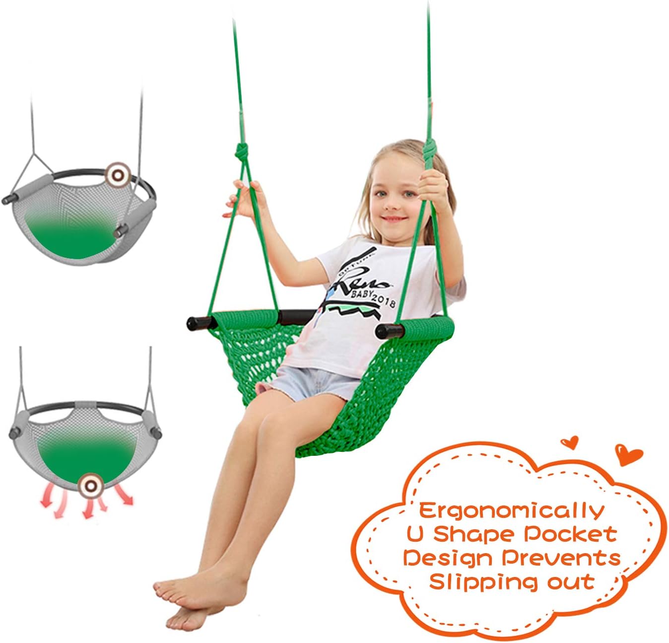 RedSwing Asiento de columpio para niños con cuerdas ajustables, asiento de columpio infantil tejido a mano, ideal para árbol, exterior, interior,