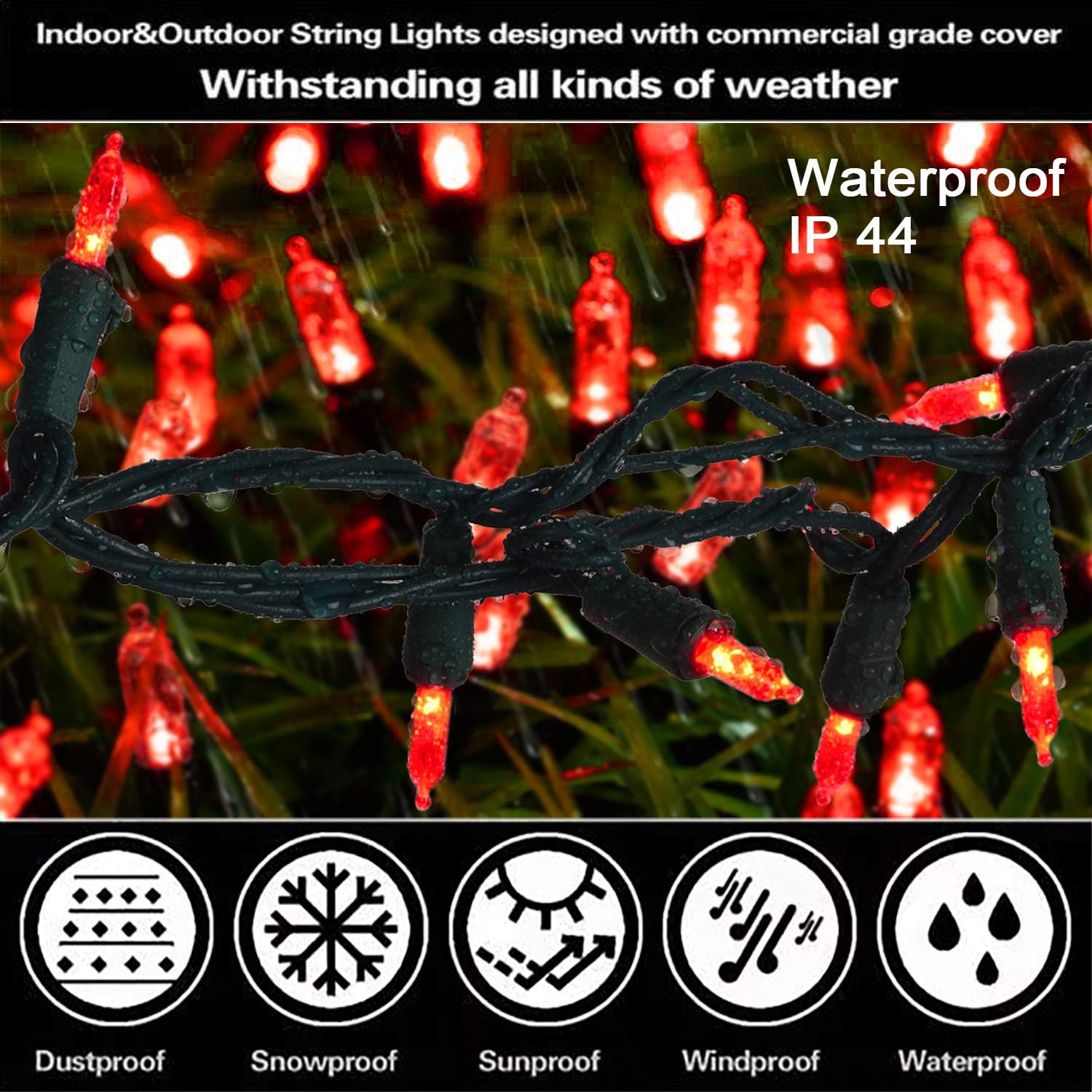 Silvom Luces de Navidad rojas, 100 luces LED de Navidad de 33 pies, 120 V con certificación UL para Halloween, árbol de Navidad, boda, fiesta,