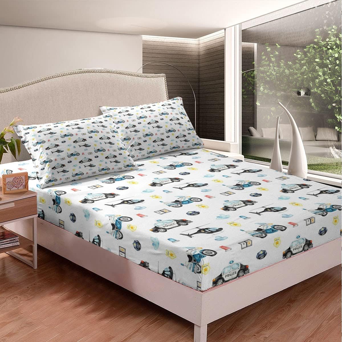 Erosebridal Juego de sábanas bajeras de coche de policía y 2 fundas de almohada, tamaño Queen, juego de ropa de cama de policía para niños,