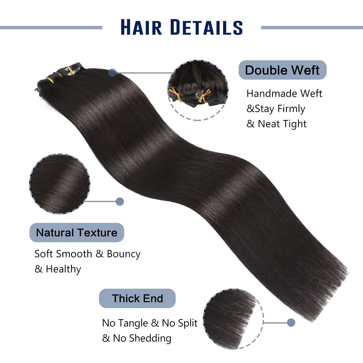 Sunya Extensiones de cabello humano real con broches, color negro natural, extensiones de cabello humano lacio de doble trama, 18 pulgadas, #1B, 8