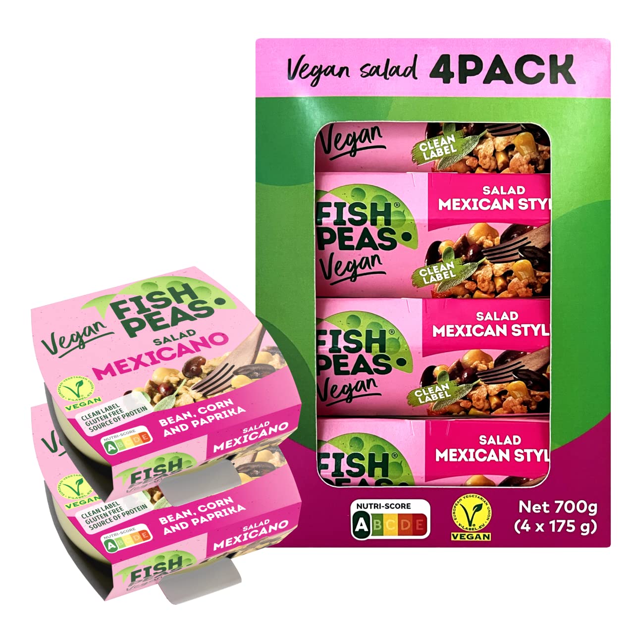 FISH PEAS – Ensalada MEXICANO de alimentos veganos a base de plantas con frijoles, maíz y pimentón. Comidas listas para comer a base de plantas, sin