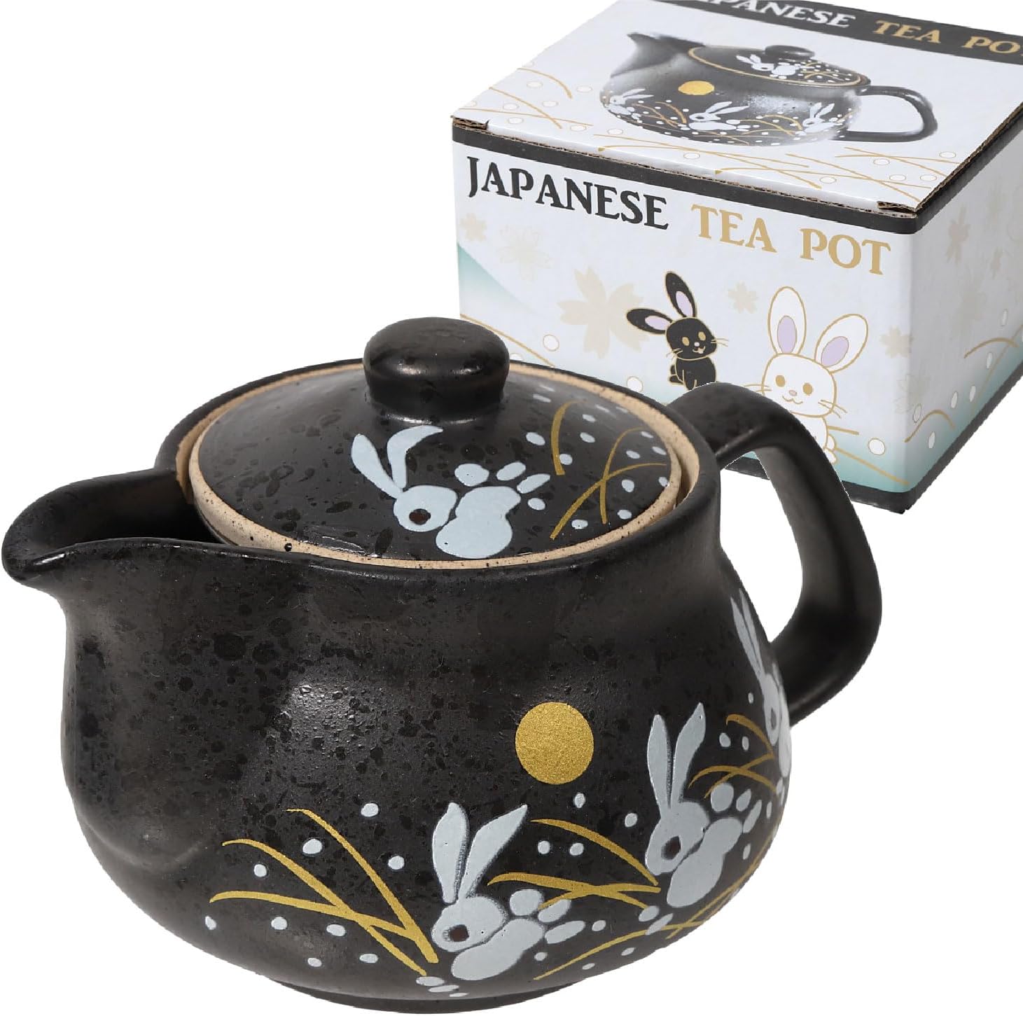 HAKONE YOSEGI Tetera japonesa Kutani Yaki de conejo Kutani Yaki de 10 onzas con infusor extraíble, taza con asa, tetera segura para estufa, set de