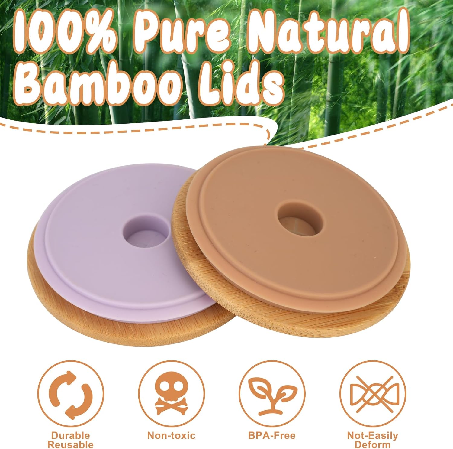 Tapas de bambú para tarros Mason con popotes de acero inoxidable, tapas reutilizables con agujero para pajilla, 2 popotes y 1 cepillo para pajilla,