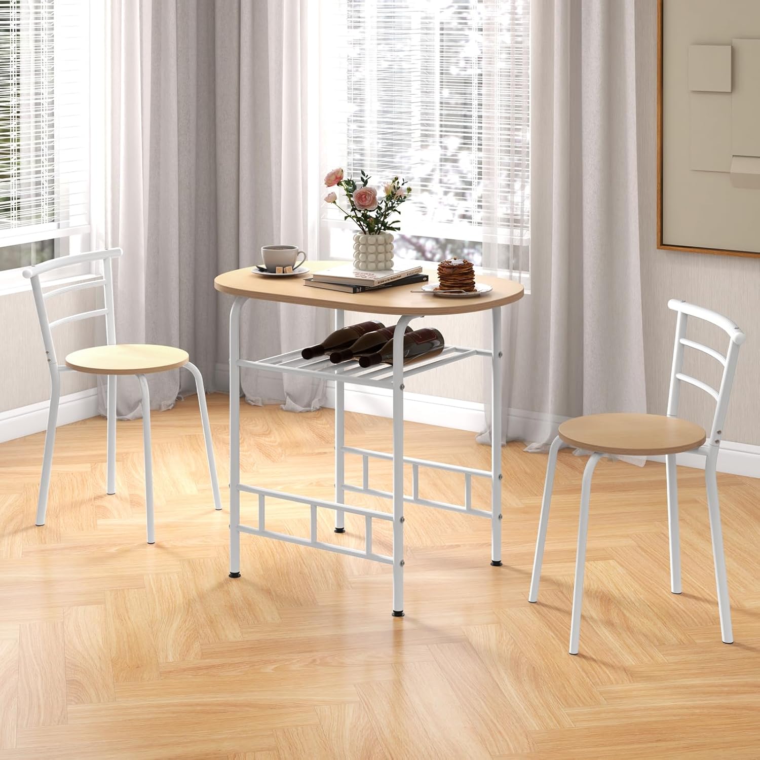 COSTWAY Juego de mesa de comedor de 3 piezas para 2, moderno juego de mesa redonda con 2 taburetes, mesa de pub y sillas, juego de comedor con capa