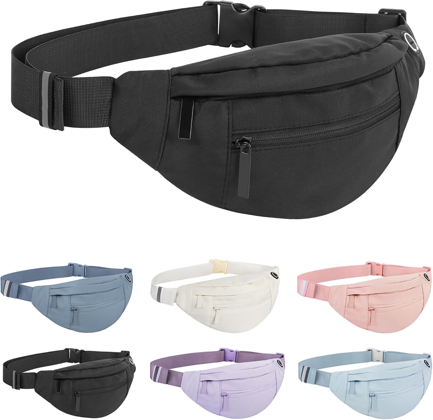 Riñonera grande con 4 bolsillos con cremallera, para mujer y hombre, con correa ajustable para viajes, correr, senderismo, 4-Cremallera Negro, Large