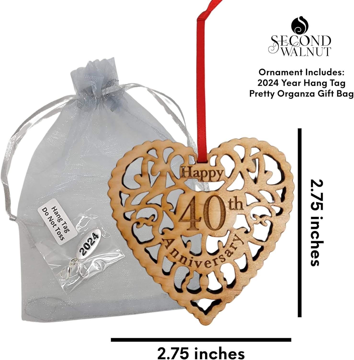 Adorno de 40 aniversario con fecha y fecha para colgar, corazón de madera feliz para parejas, hermoso detalle de madera cortado con láser en forma