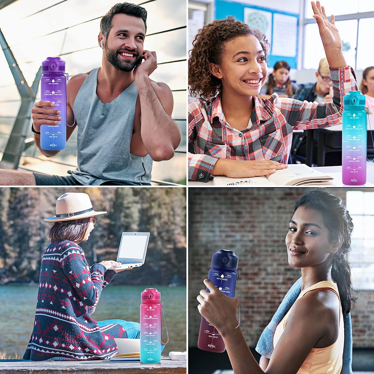 Botellas de agua de 32 onzas con marcador de tiempo y popote, botella de agua motivacional con tiempo para beber, a prueba de fugas, Tritan sin BPA,