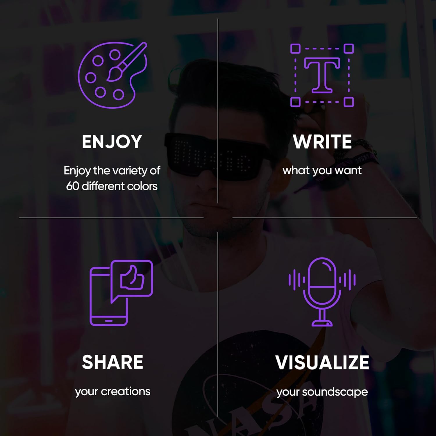 CHEMION Gafas LED para adultos, gafas LED Bluetooth personalizables, perfectas para Navidad, Halloween y fiestas de cumpleaños (color) (versión 2024)