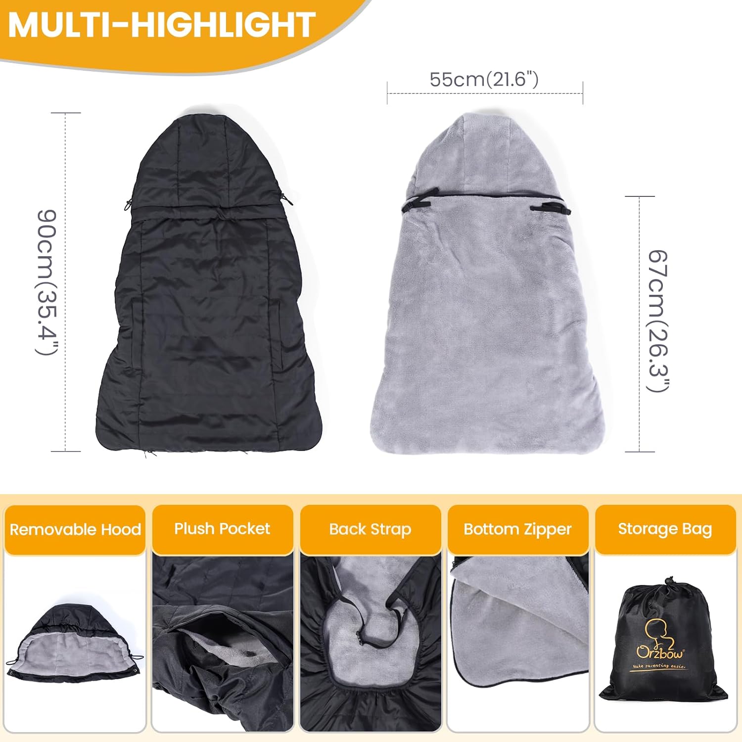 Orzbow Funda para portabebés de invierno con capucha desmontable, impermeable y resistente al viento, universal para portabebés y taburete de