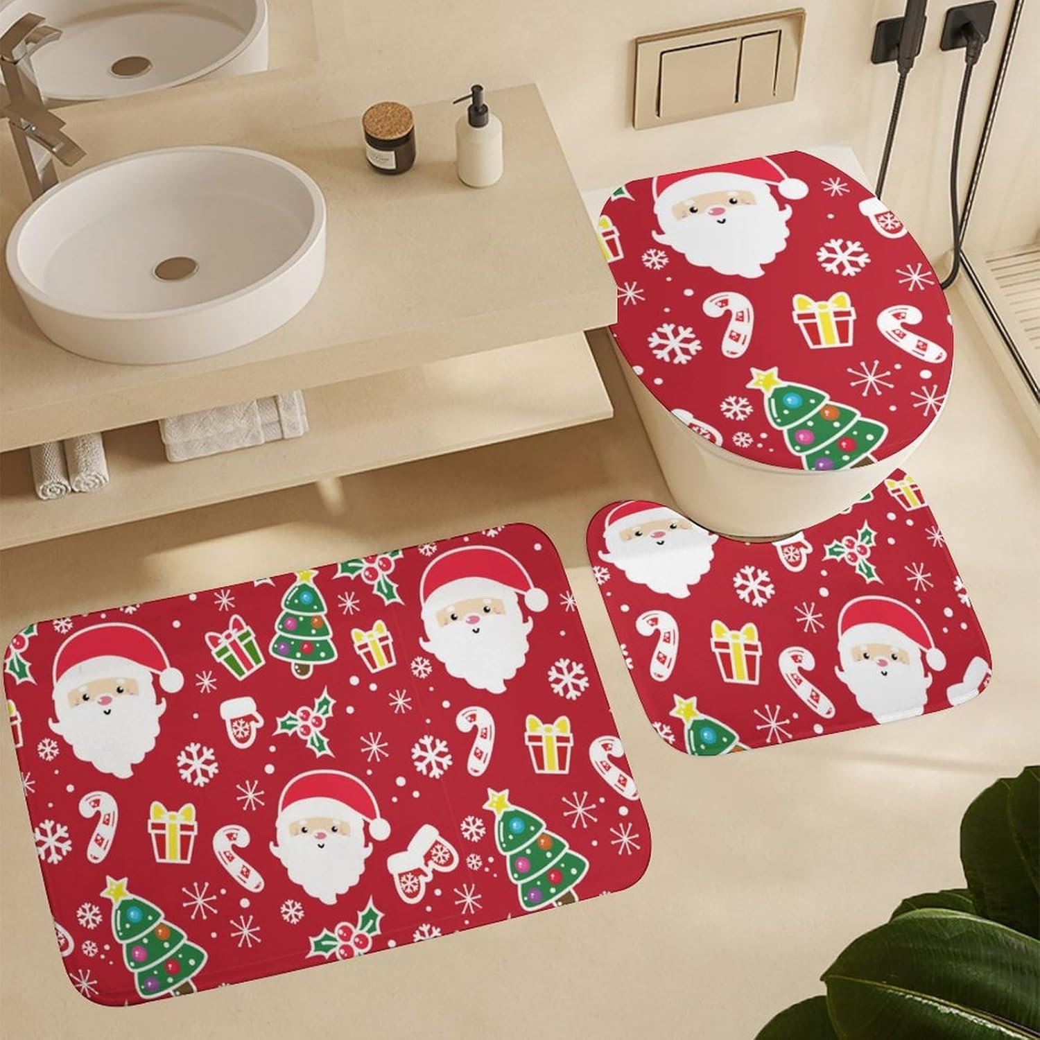 Juego de 3 alfombras de baño con diseño de árbol de Navidad de Papá Noel, antideslizantes, lavables, absorbentes, de secado rápido, en forma de U,
