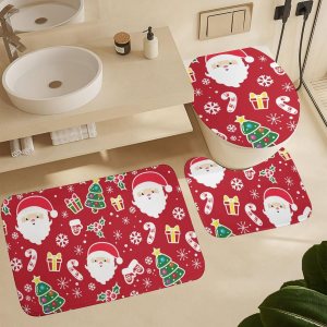 Juego de 3 alfombras de baño con diseño de árbol de Navidad de Papá Noel, antideslizantes, lavables, absorbentes, de secado rápido, en forma de U, Juego de 3 alfombras de baño con diseño de árbol de Navidad de Papá Noel, antideslizantes, lavables, absorbentes, de secado rápido, en forma de U,