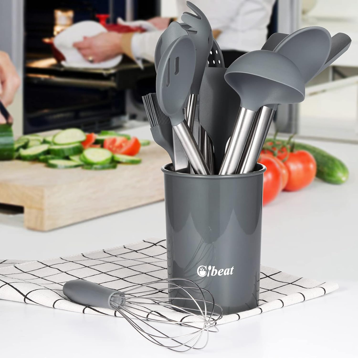 Juego de utensilios de cocina, 13 piezas de silicona para cocinar, resistentes al calor, antiadherentes, asas de acero inoxidable, herramientas de