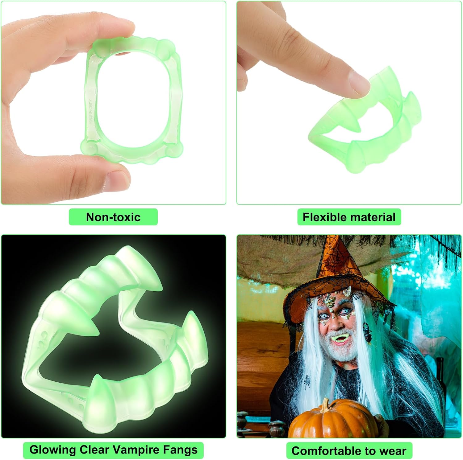 Colmillos de vampiro brillantes para Halloween, dientes de plástico que brillan en la oscuridad, suministros de fiesta de Halloween, dientes falsos