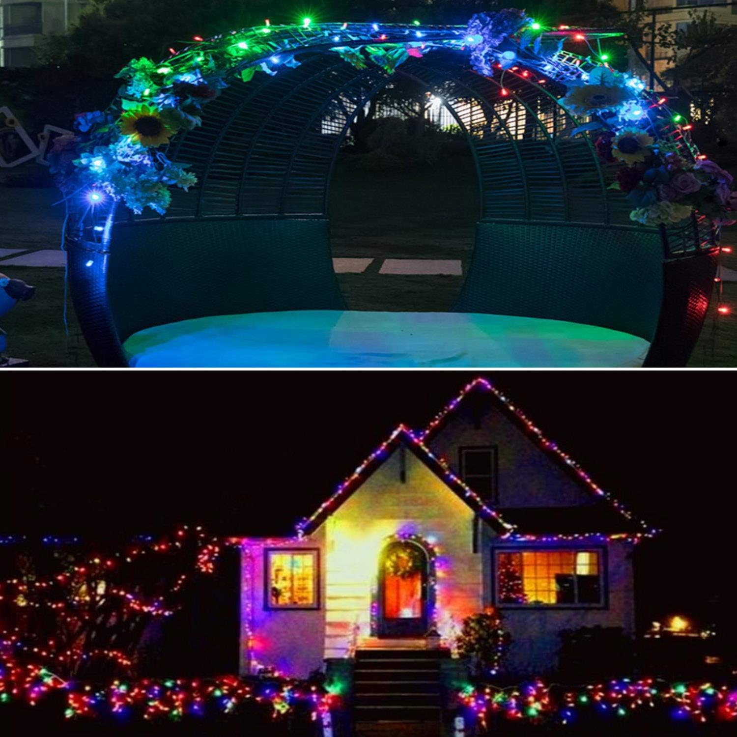 Paquete de 2 tiras de luces solares, 8 modos de 42 pies, 100 luces LED impermeables para jardín, árbol, patio, Navidad, boda, fiesta (multicolor)