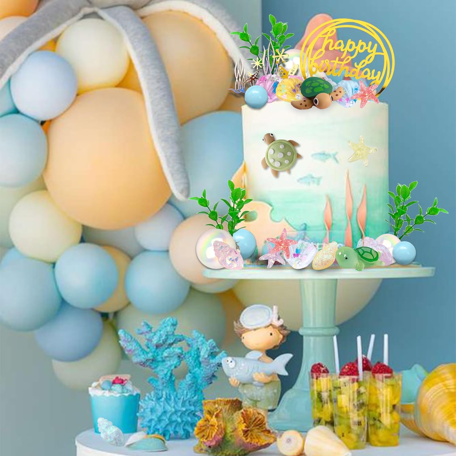 34 piezas de decoración de pastel de tortuga bajo el mar con tortuga oceánica conchas y conchas marinas para fiesta de cumpleaños temática del mar,