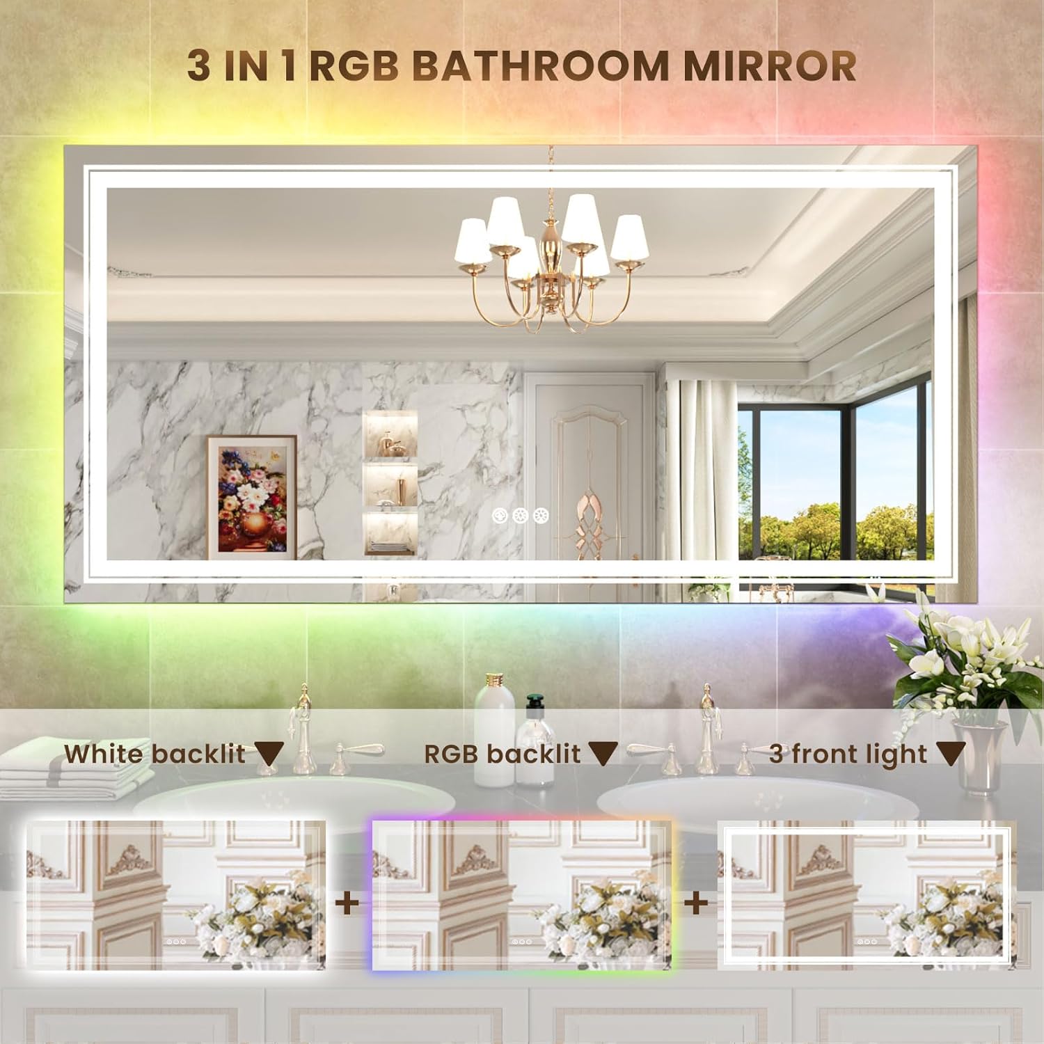 WTTY Espejo de baño LED de 60 x 30 pulgadas con retroiluminación RGB y luz frontal, espejo LED regulable continuo para baño, espejo de tocador de